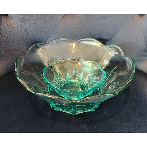 Aqua Teal Pressed Glass Console Berry and Bowl Set Scalloped Edge Starburst Base - Picture 2 of 10